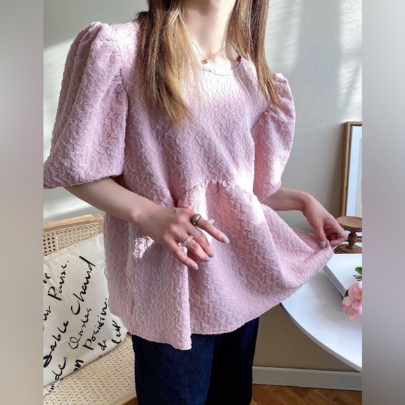 Tops - Pink Textured Women's Top w/ Balloon Sleeve by Yidian Liang